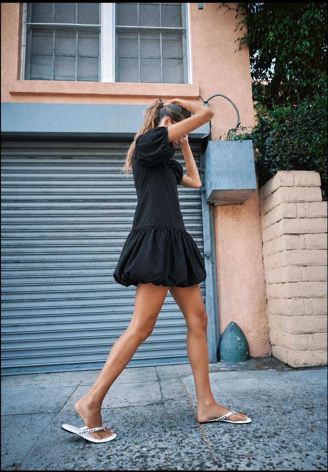 Black Poplin Puff-Sleeve Dress
