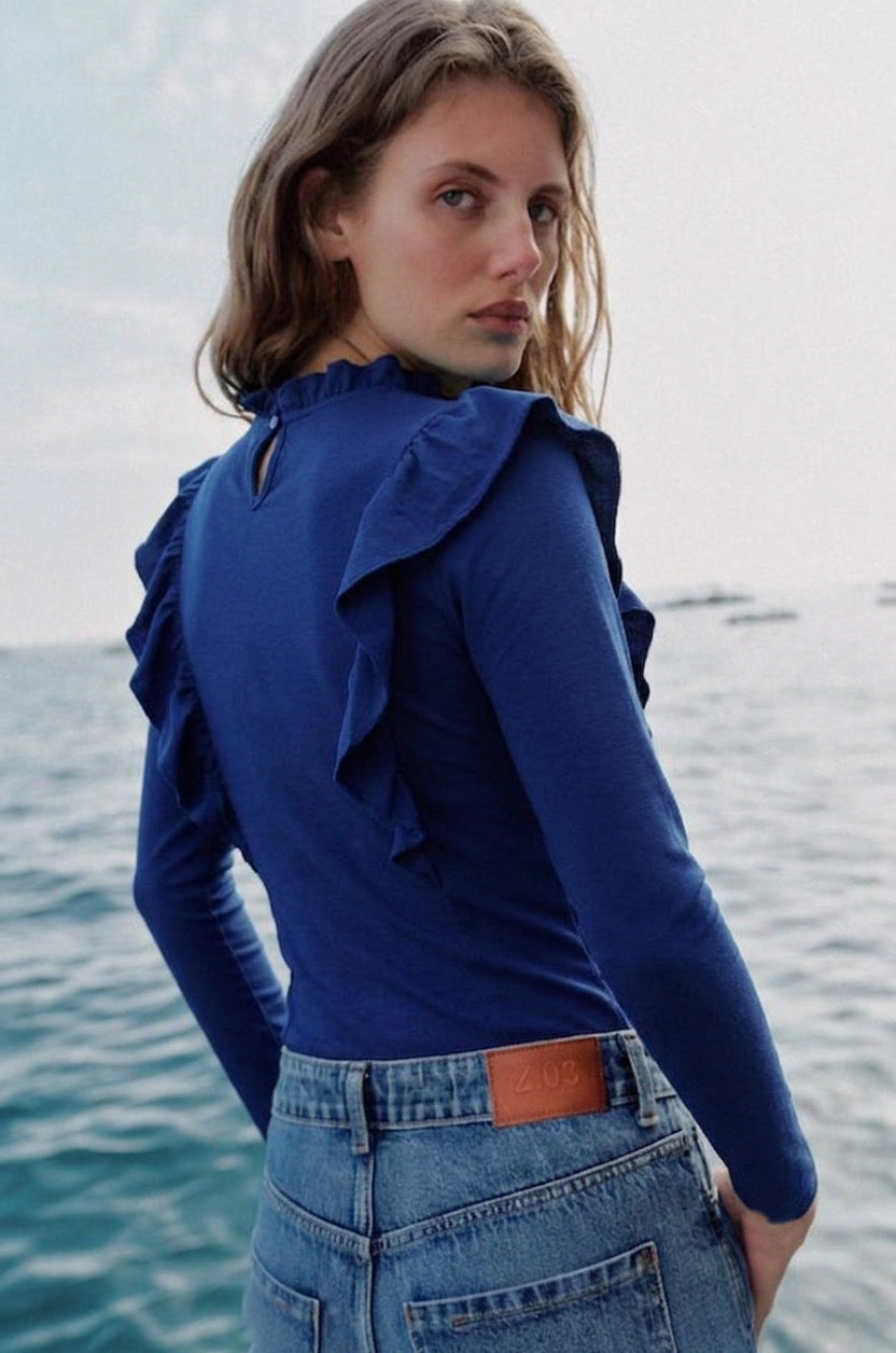 Blue Cotton Ruffle Top