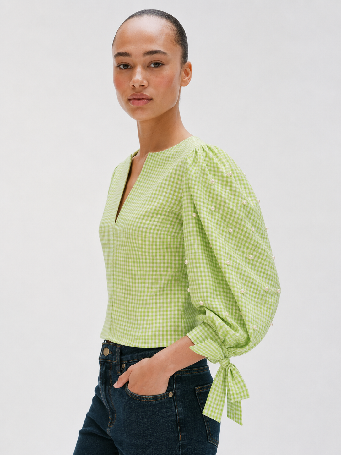 Lime Pearl Embellished Gingham Tie-Sleeve Top