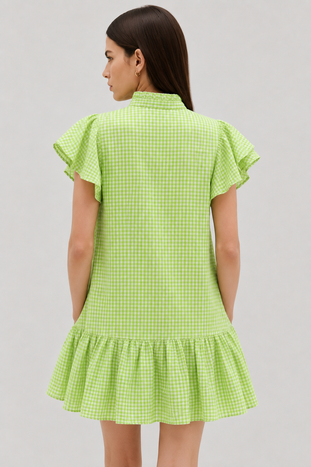 Lime Green Gingham Flutter Sleeve Mini Dress