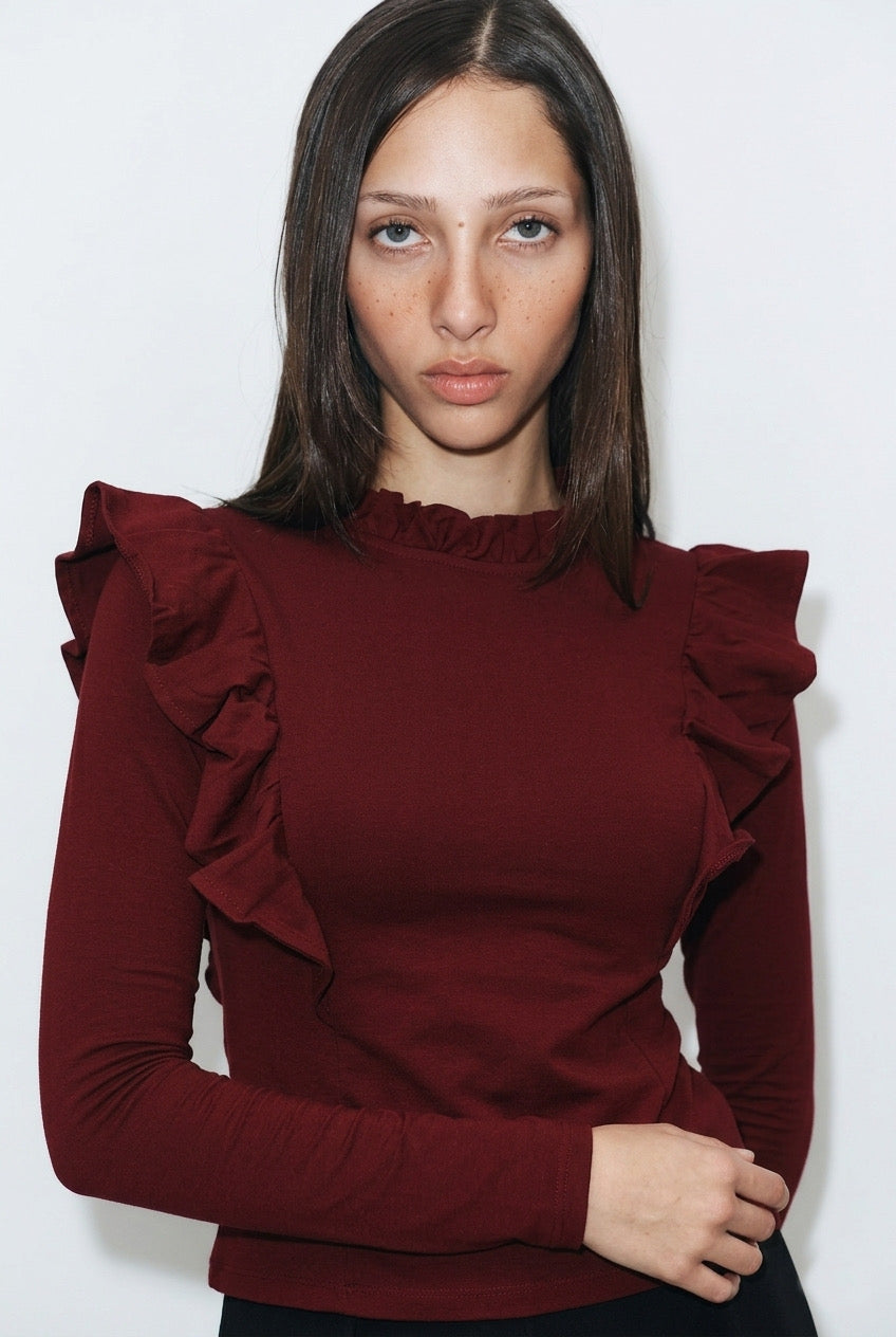 Maroon Ruffle Long-Sleeve Top