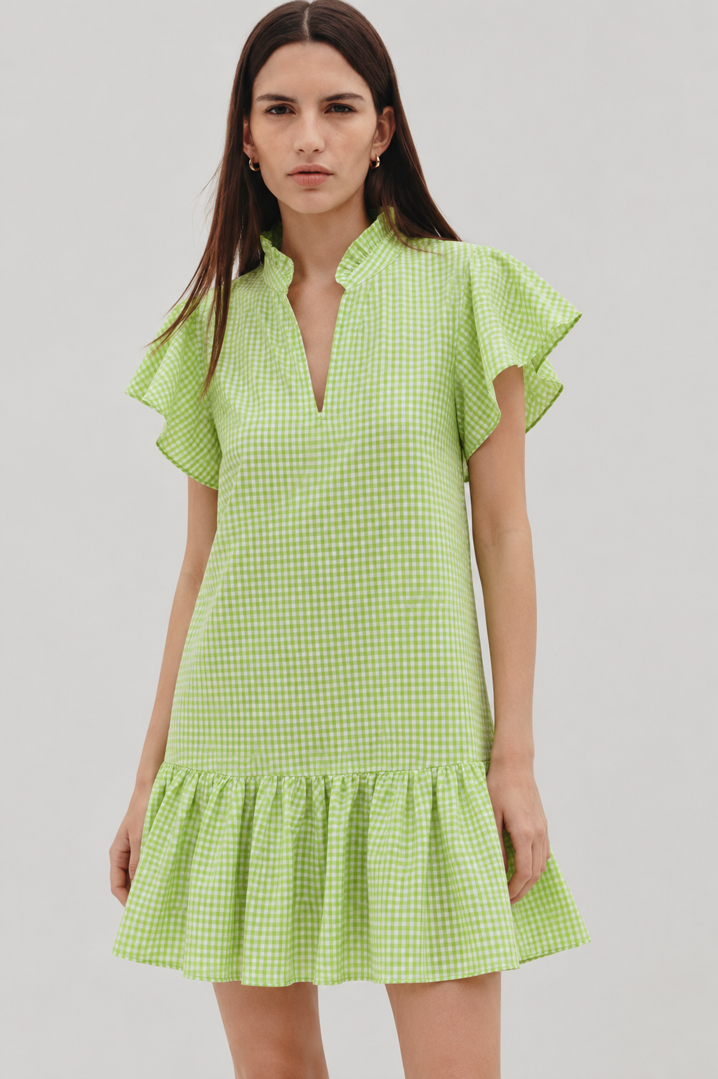 Lime Green Gingham Flutter Sleeve Mini Dress
