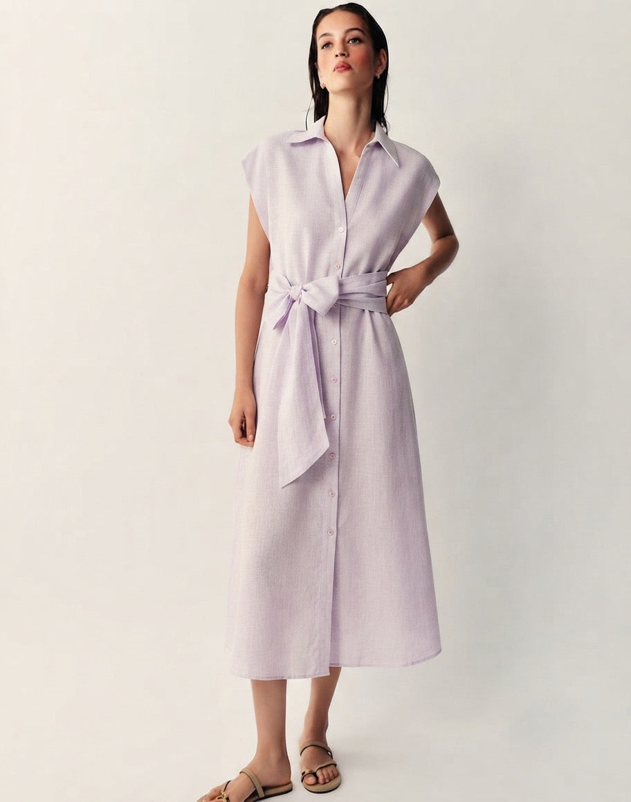 Pastel Pink Sleeveless Linen-Blend Shirt Dress