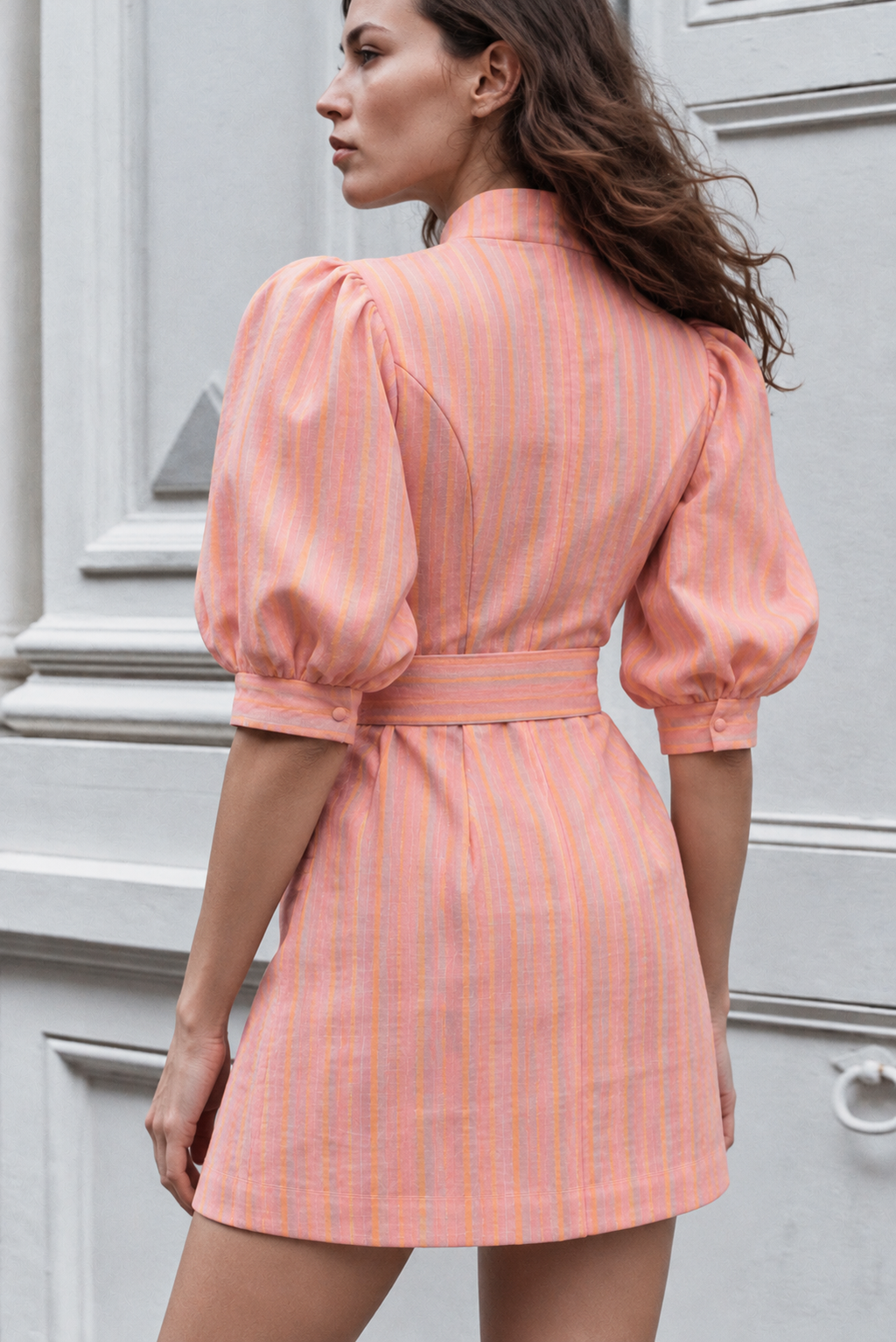 Peach Stripe Puff-Sleeve Mini Dress