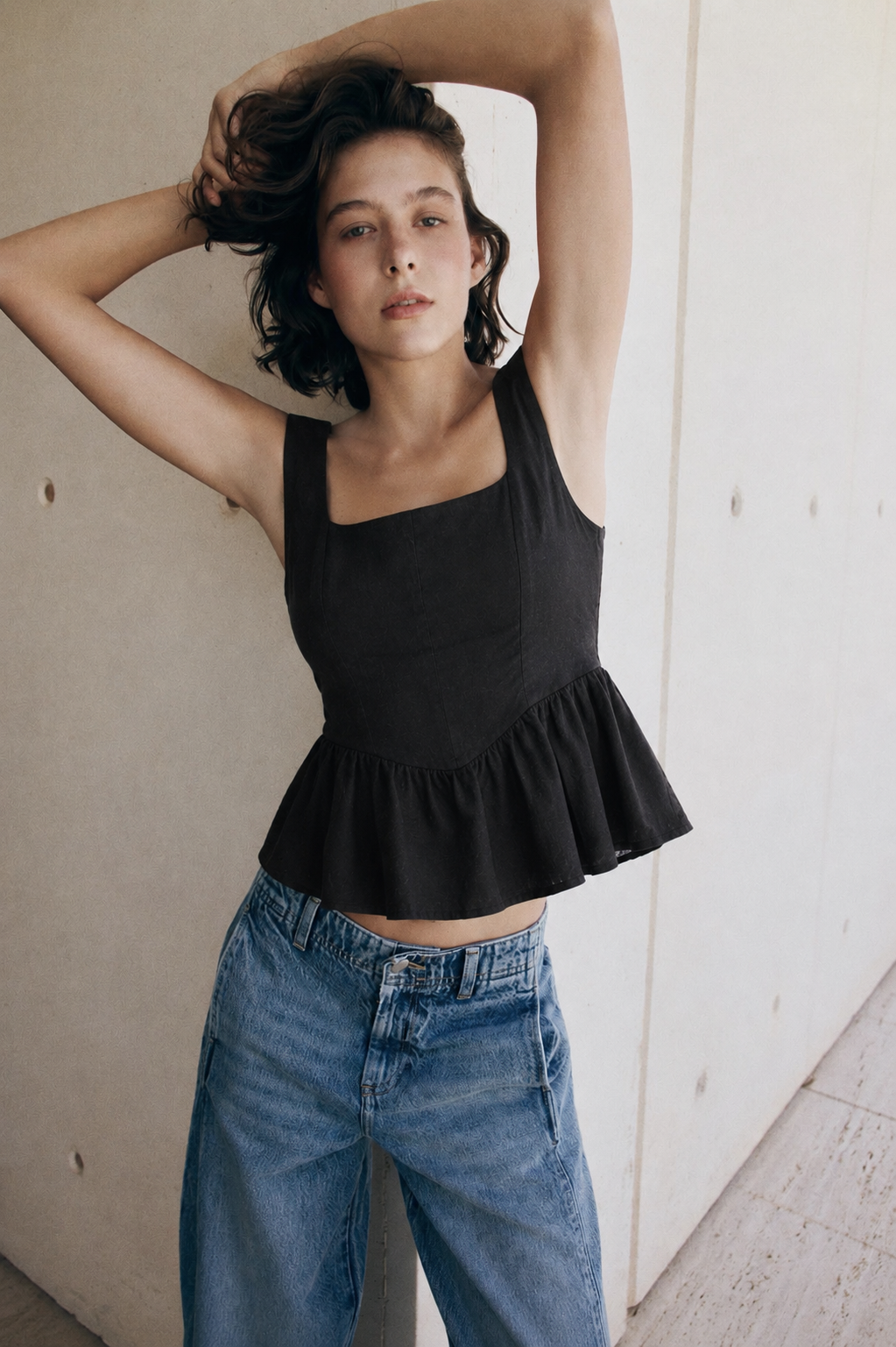 Black Linen Blend Peplum Top