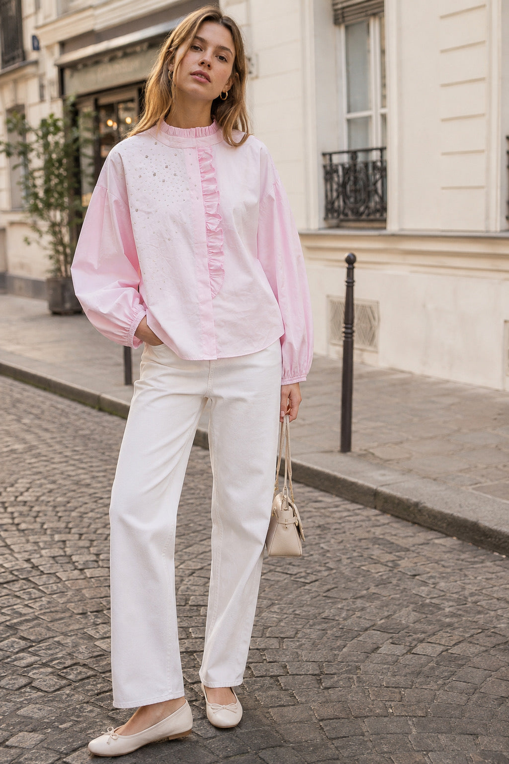 Pearl-Embellished Ruffle Detail Pink Poplin Shirt
