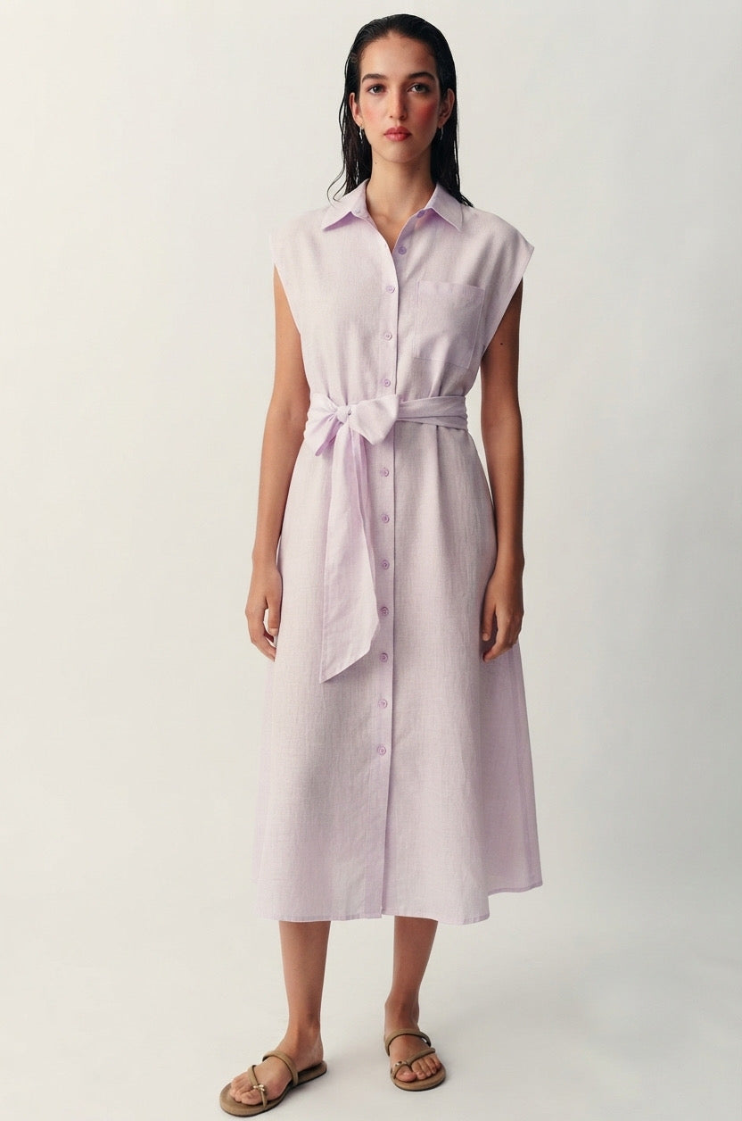Pastel Pink Sleeveless Linen-Blend Shirt Dress