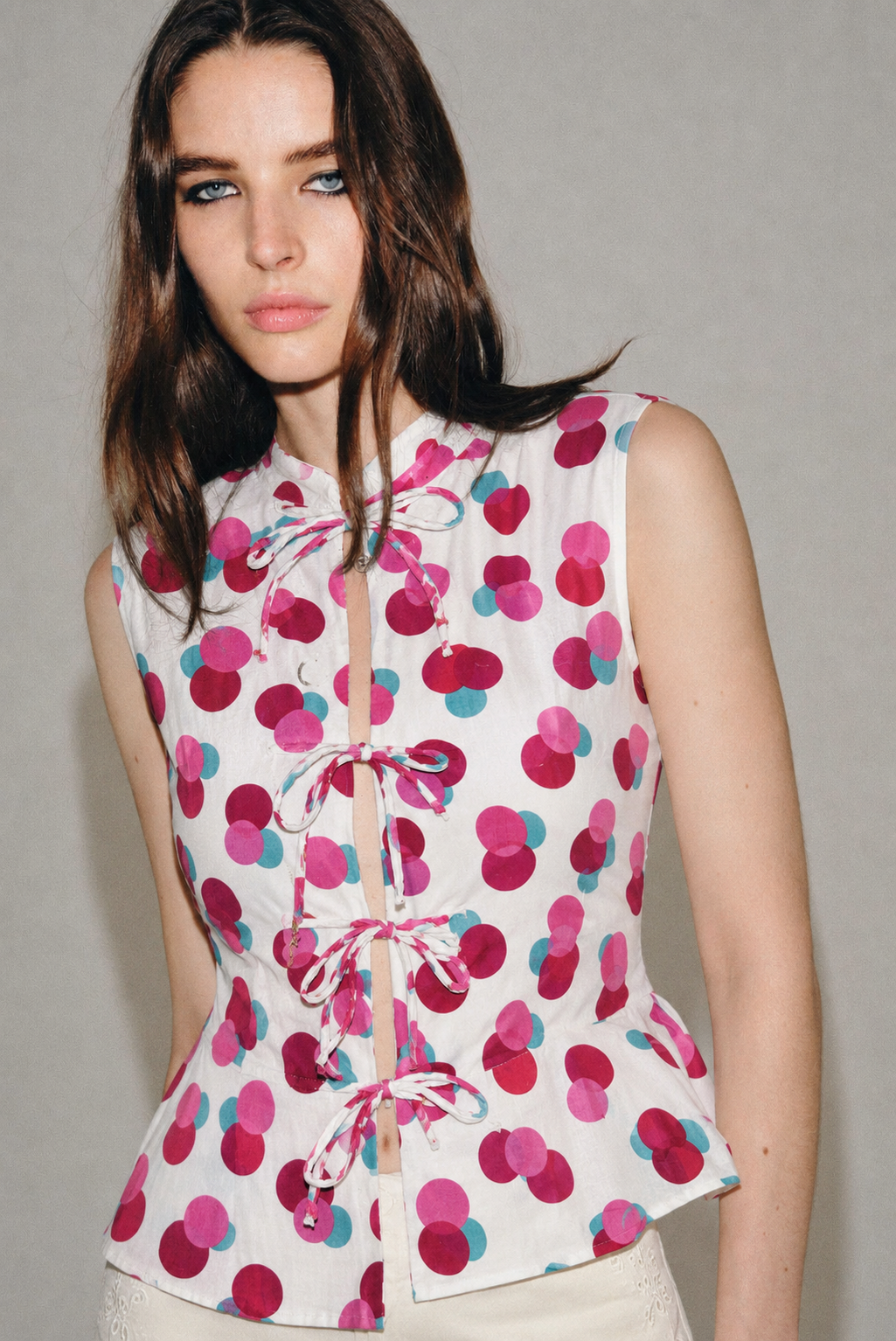 Cotton Tie-Front Polka Dot Peplum Top