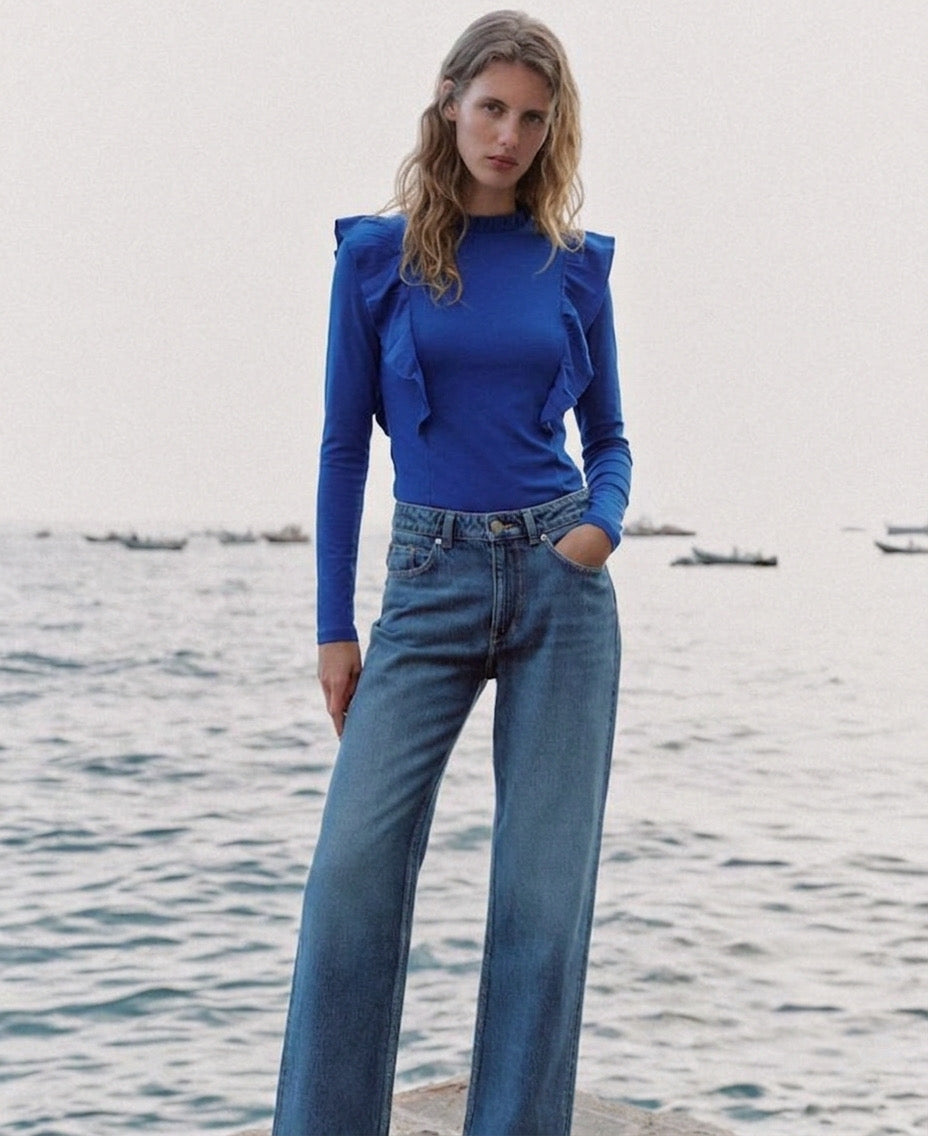 Blue Cotton Ruffle Top