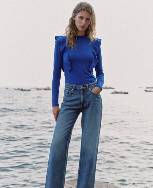 Blue Cotton Ruffle Top