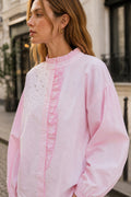 Pearl-Embellished Ruffle Detail Pink Poplin Shirt