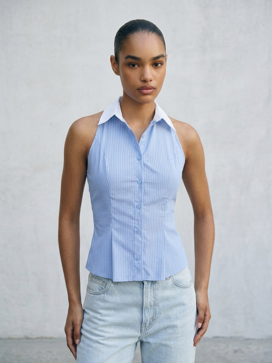 The Corset-Back Pinstripe Halter Top