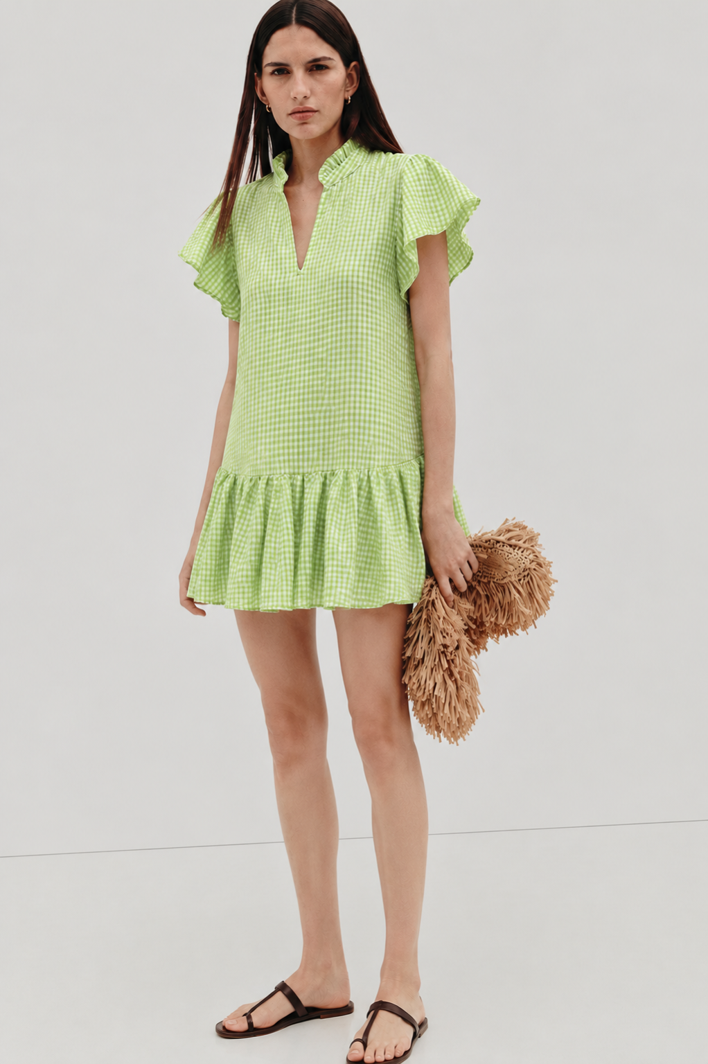 Lime Green Gingham Flutter Sleeve Mini Dress