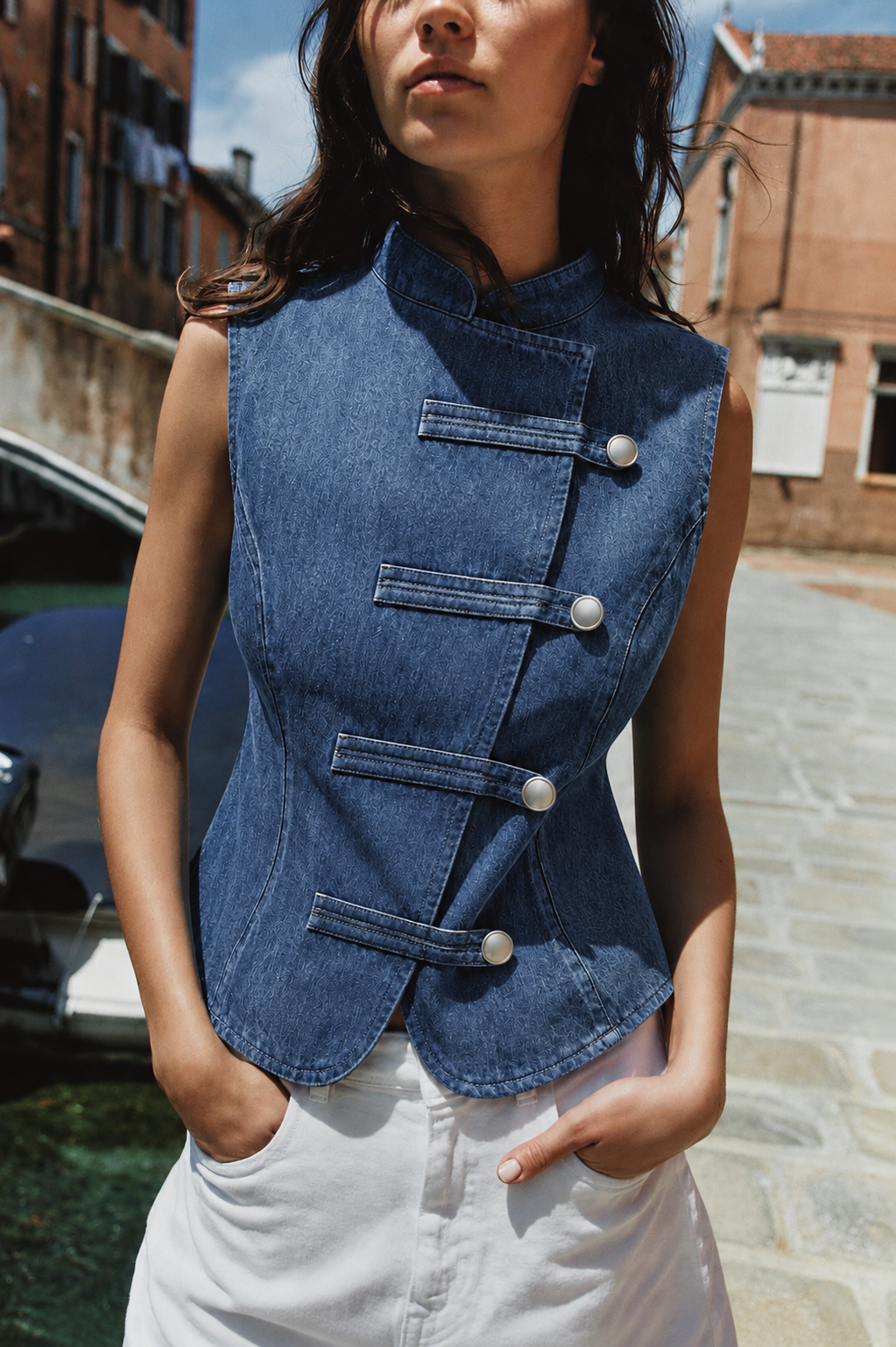 Blue Denim Button-Front Waistcoat