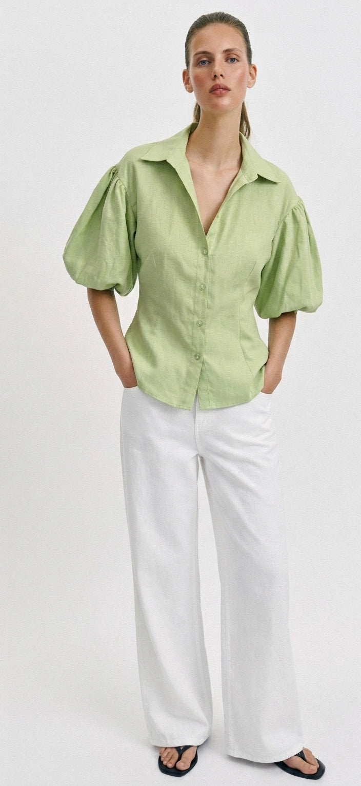 Sage Green Puff-Sleeve Button-Down Blouse