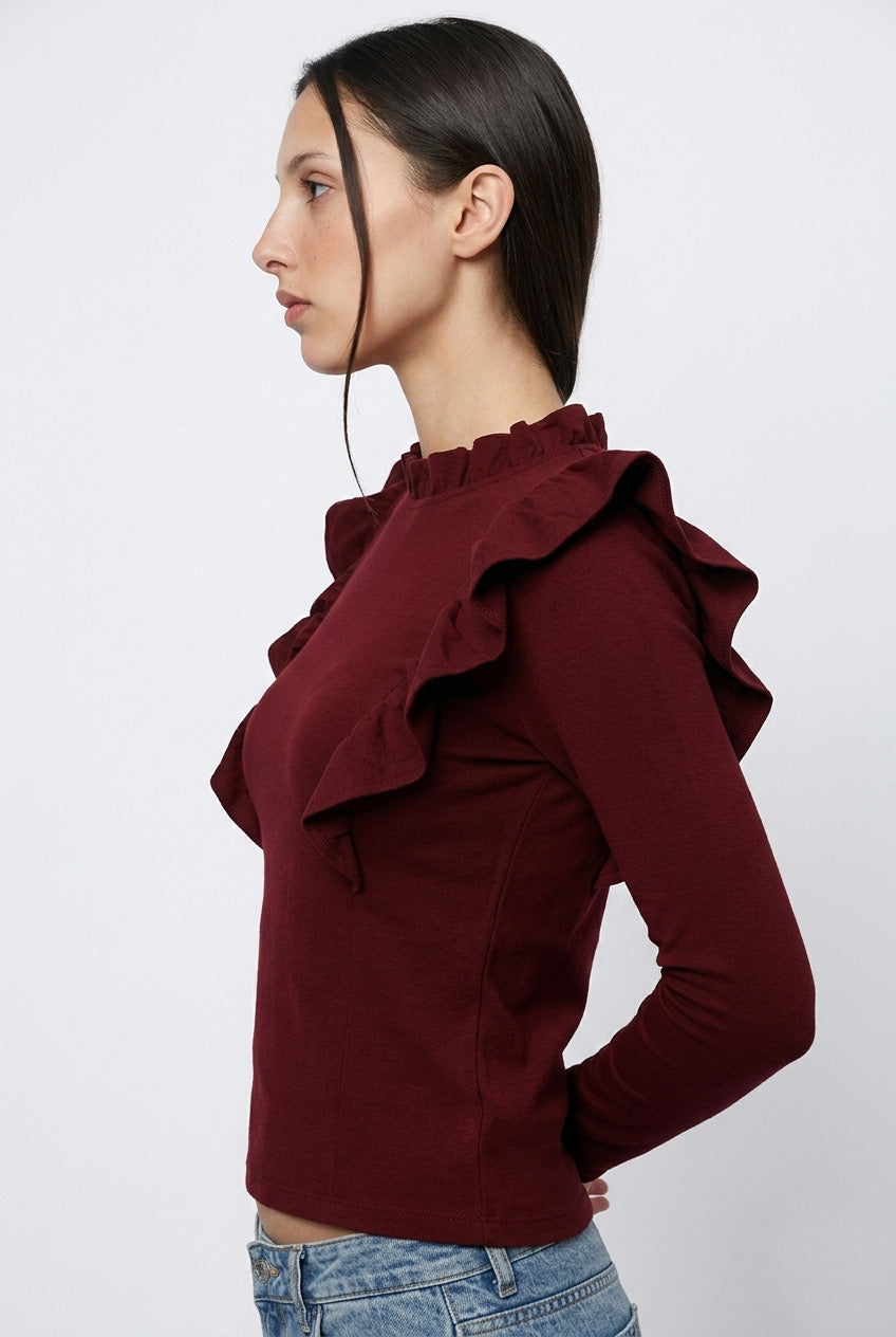 Maroon Ruffle Long-Sleeve Top