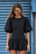 Black Poplin Puff-Sleeve Dress