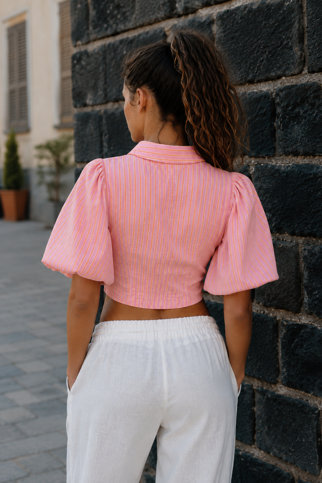 Pink Pinstripe Puff Sleeve Shirt