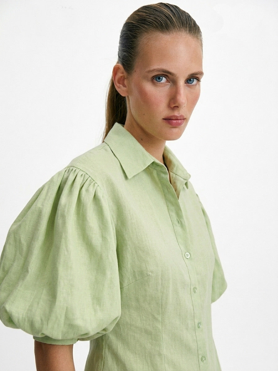 Sage Green Puff-Sleeve Button-Down Blouse