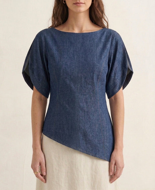 Architectural Denim Puff-Sleeve Top