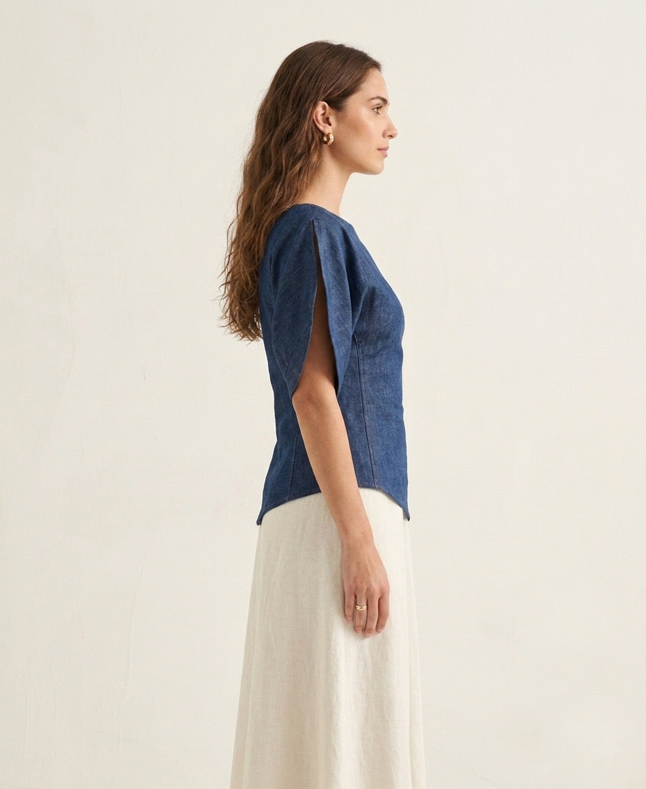 Architectural Denim Puff-Sleeve Top
