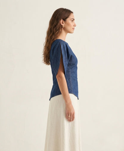 Architectural Denim Puff-Sleeve Top