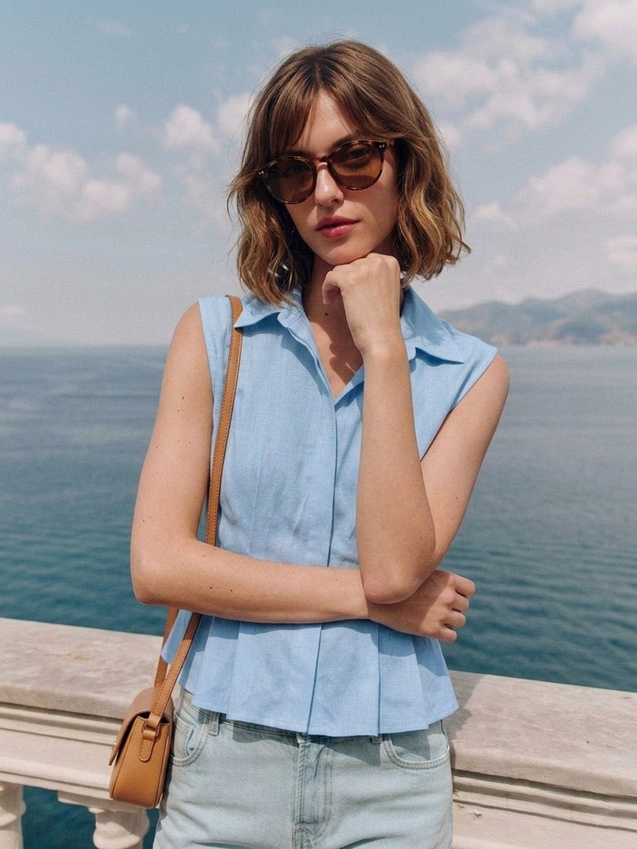 Blue cotton linen pleated shirt
