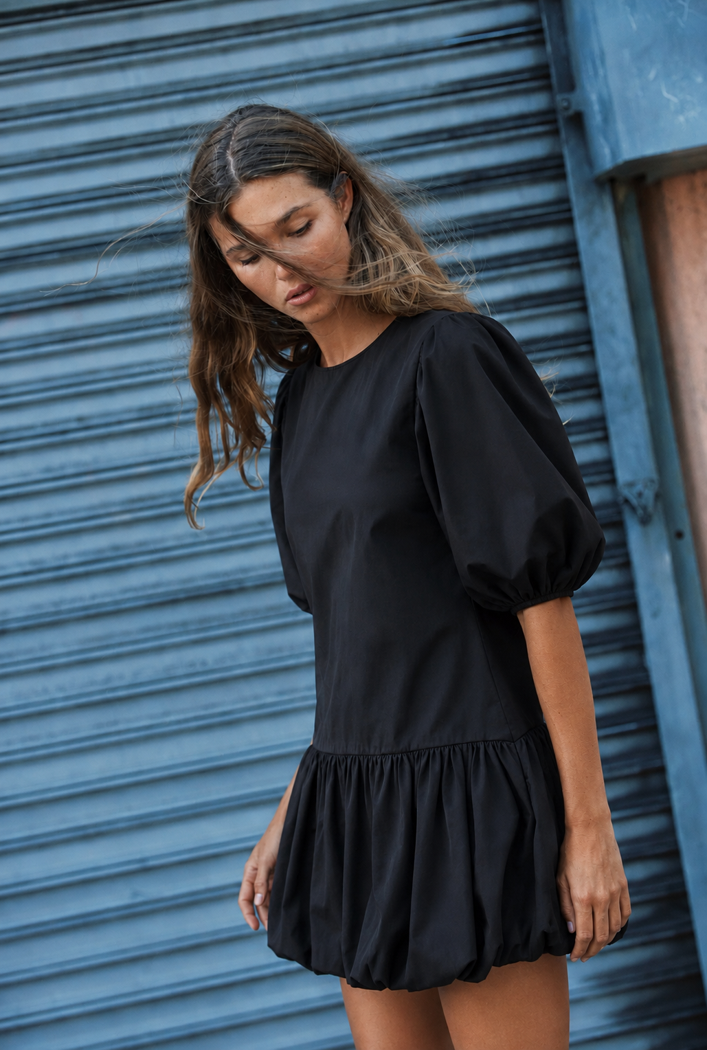 Black Poplin Puff-Sleeve Dress