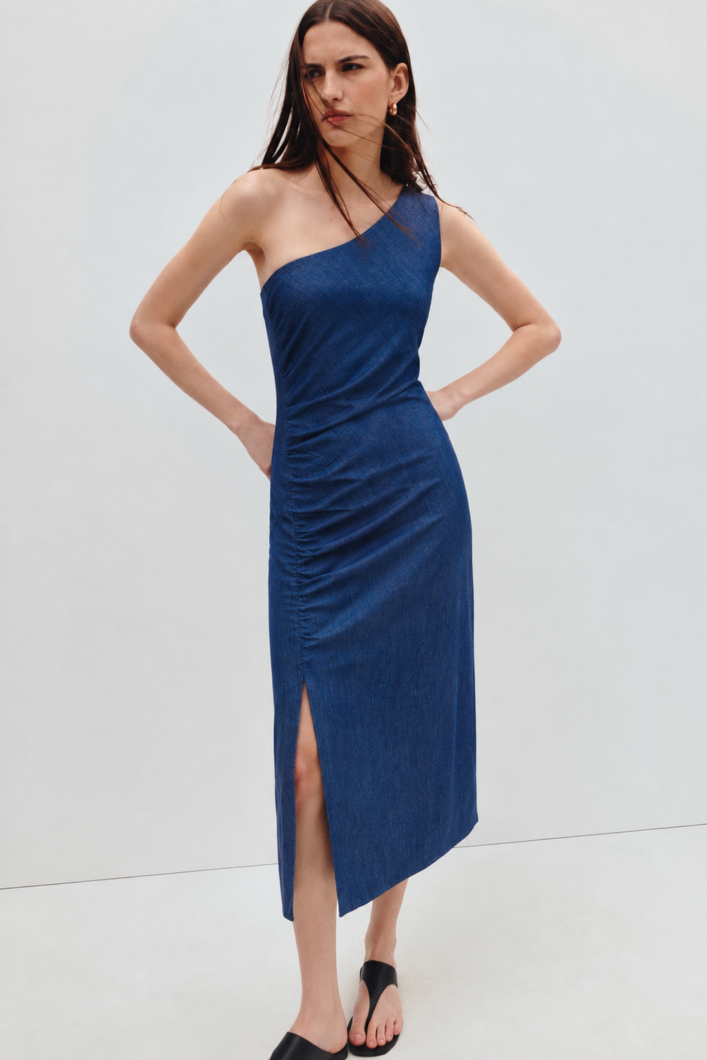 Denim One-Shoulder Ruched Midi Dress
