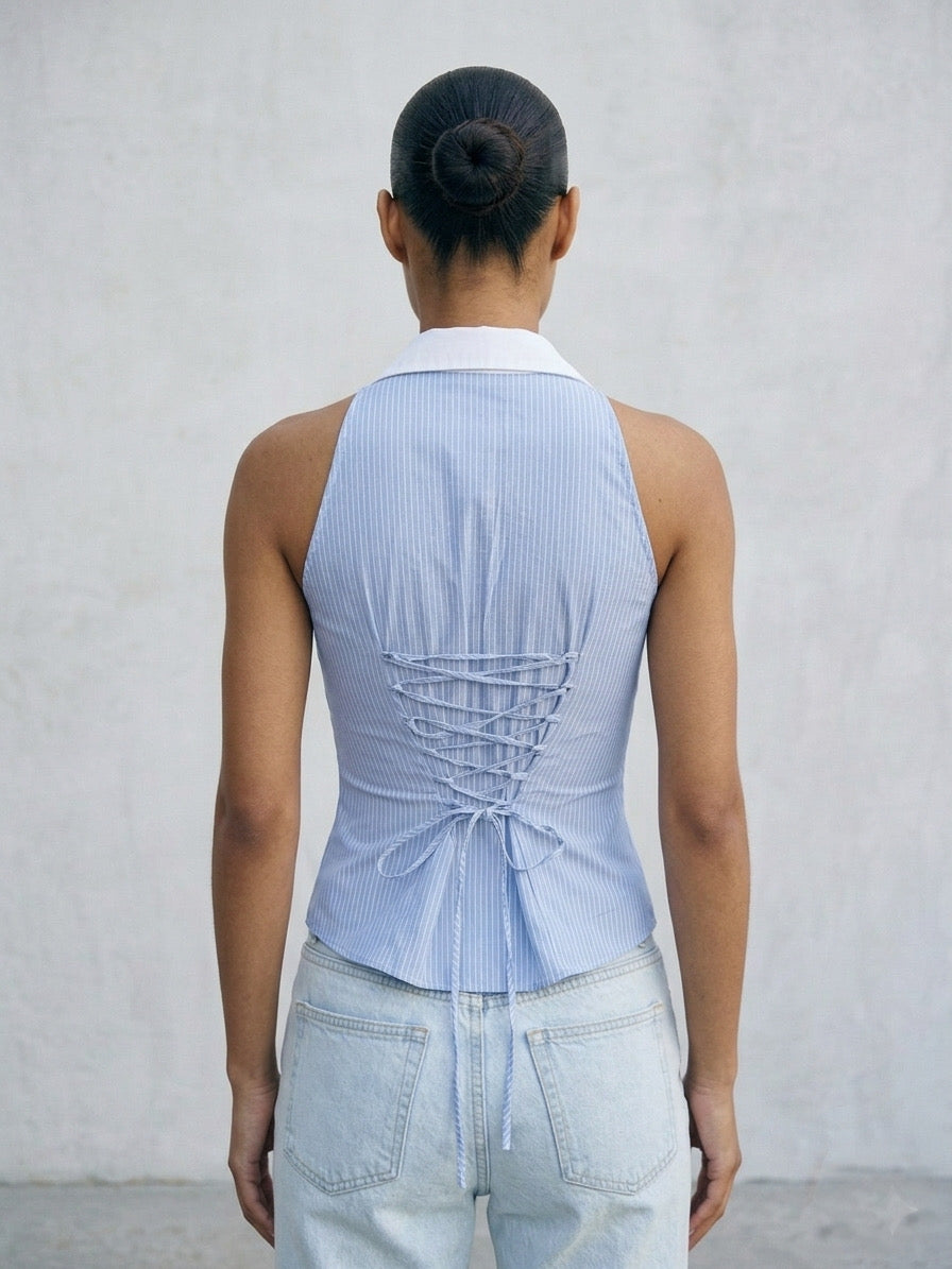 The Corset-Back Pinstripe Halter Top