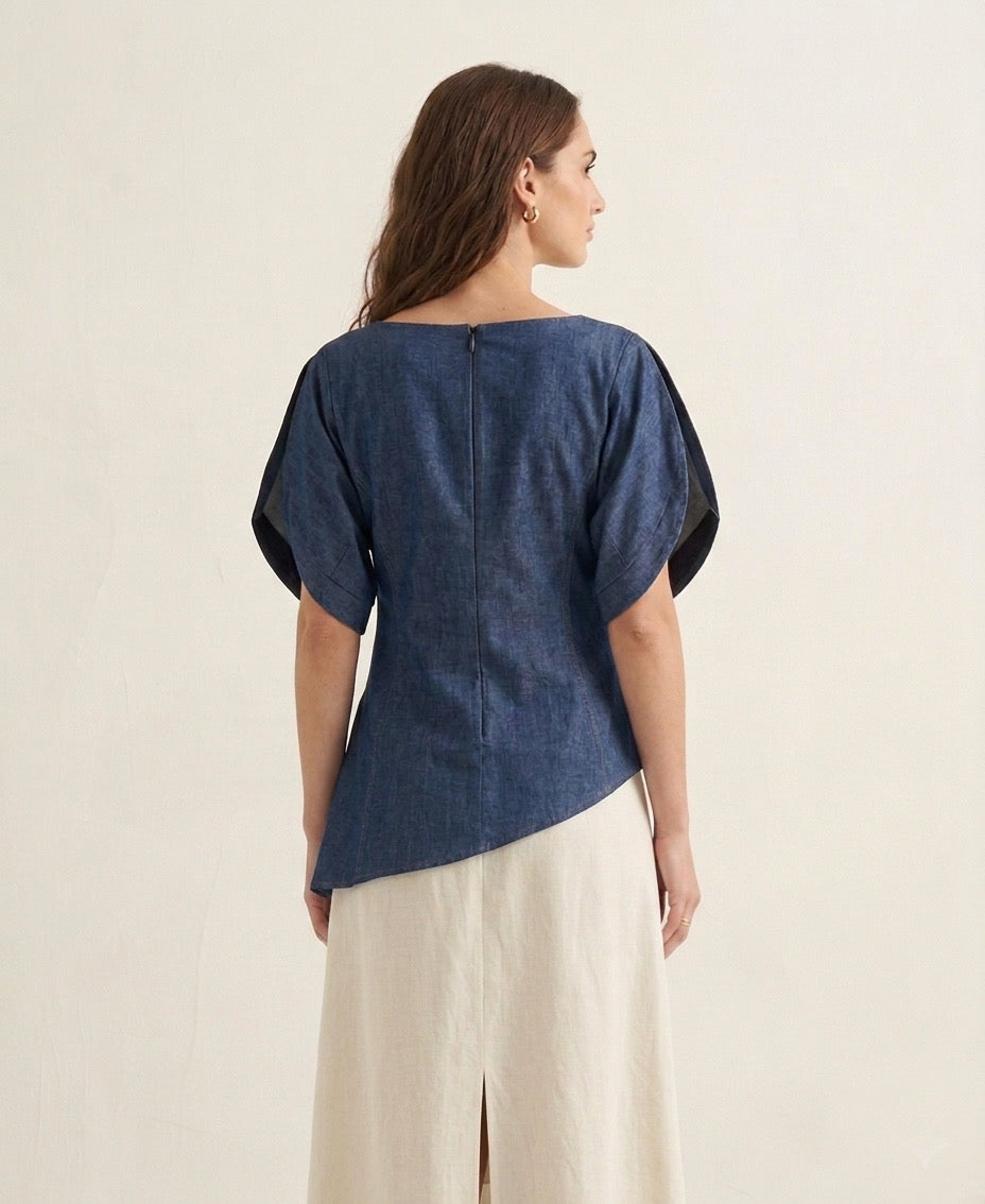 Architectural Denim Puff-Sleeve Top