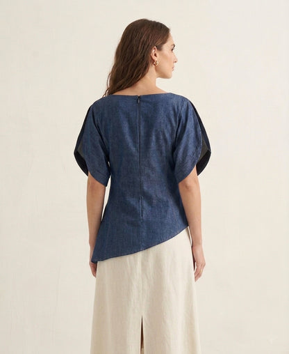 Architectural Denim Puff-Sleeve Top