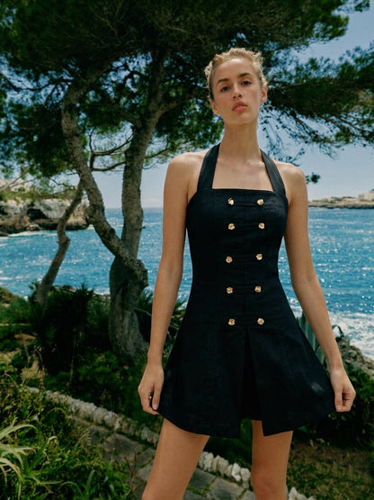 Sleek Gold-Button Halter Mini Dress