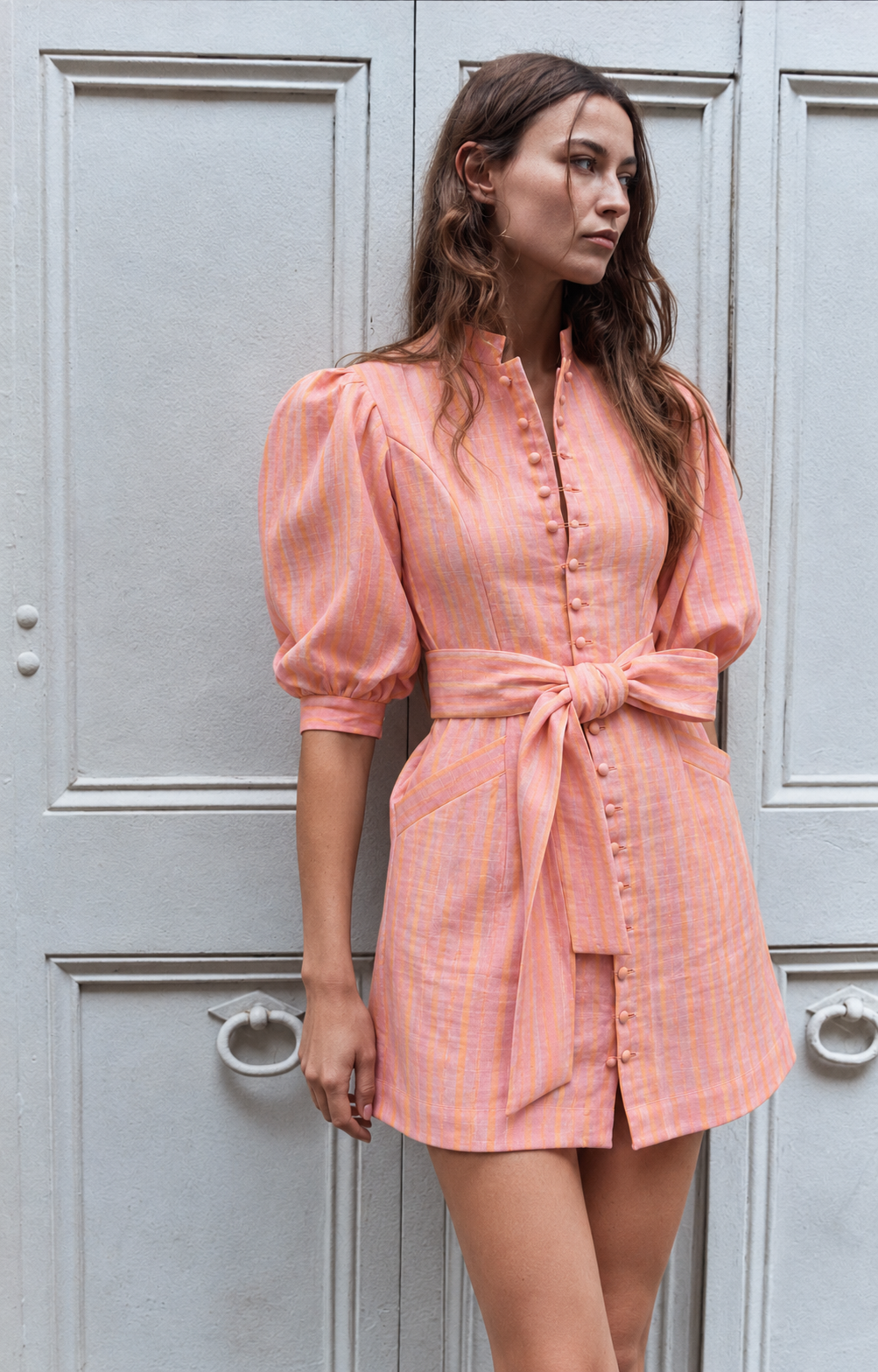 Peach Stripe Puff-Sleeve Mini Dress