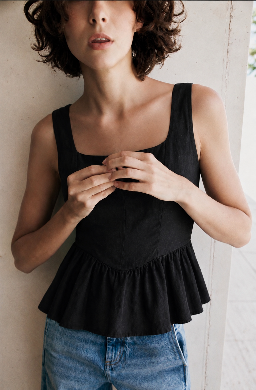 Black Linen Blend Peplum Top