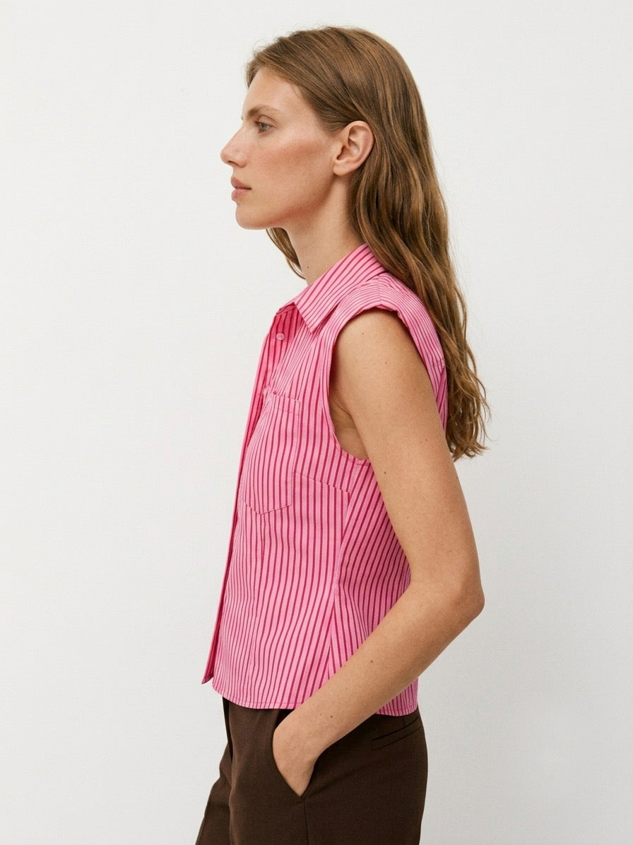 Women's Striped Sleeveless Shirt with Padded Shoulders