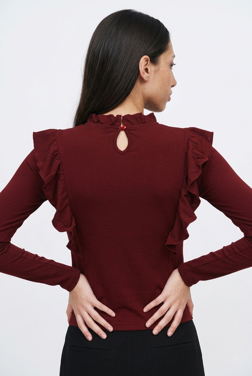 Maroon Ruffle Long-Sleeve Top