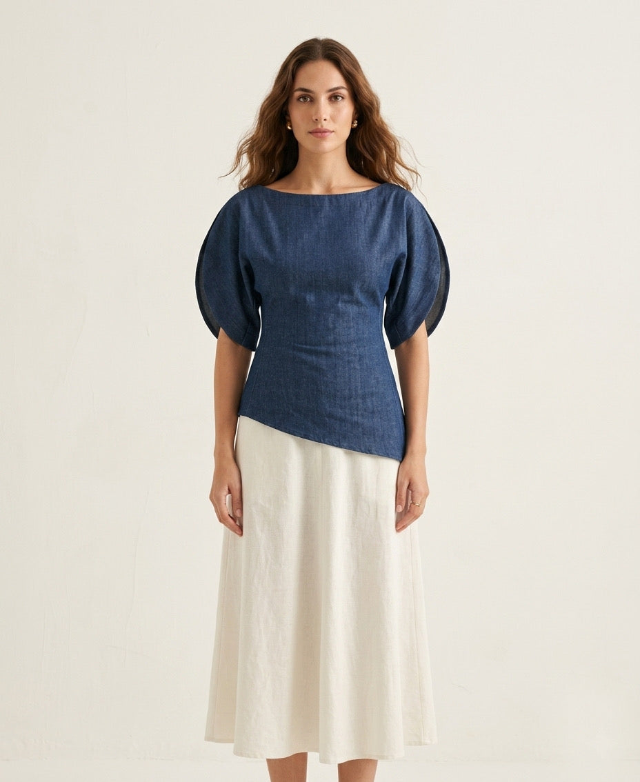 Architectural Denim Puff-Sleeve Top