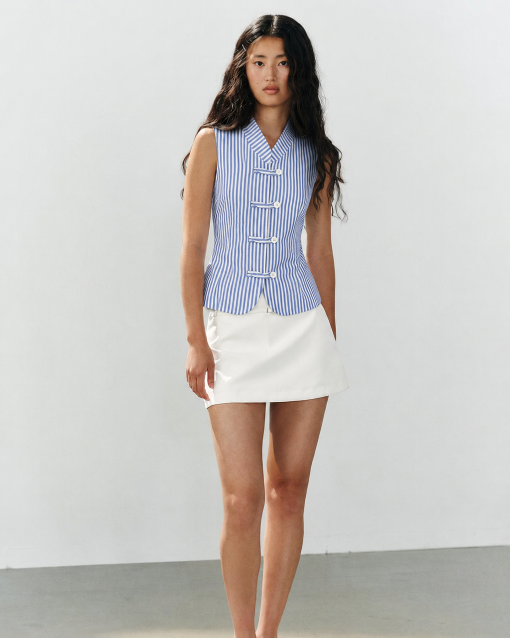 Blue & White Striped Sleeveless Top with White Skirt