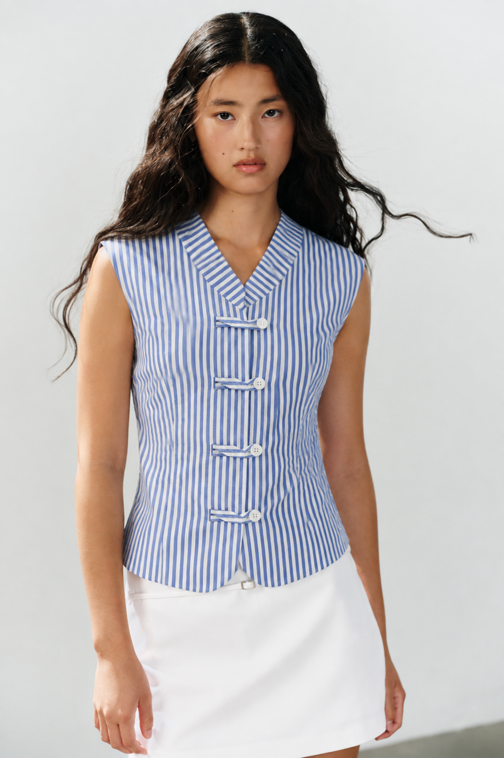 Blue & White Striped Sleeveless Top with White Skirt