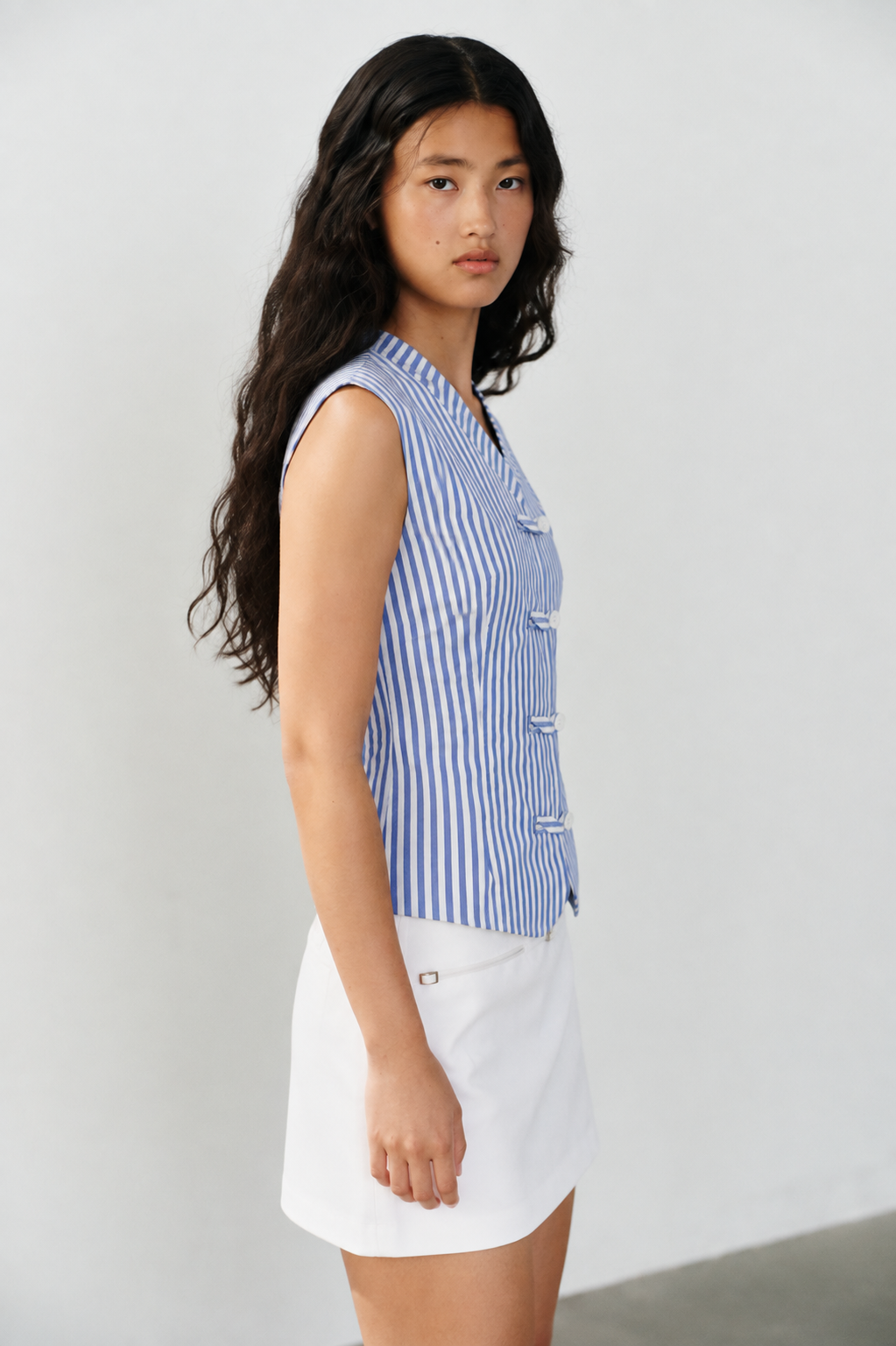 Blue & White Striped Sleeveless Top with White Skirt