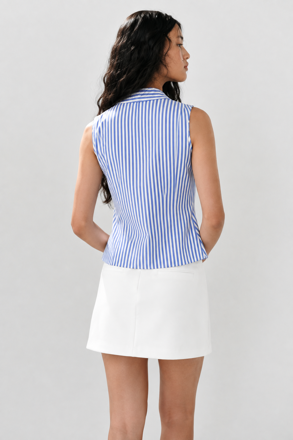 Blue & White Striped Sleeveless Top with White Skirt