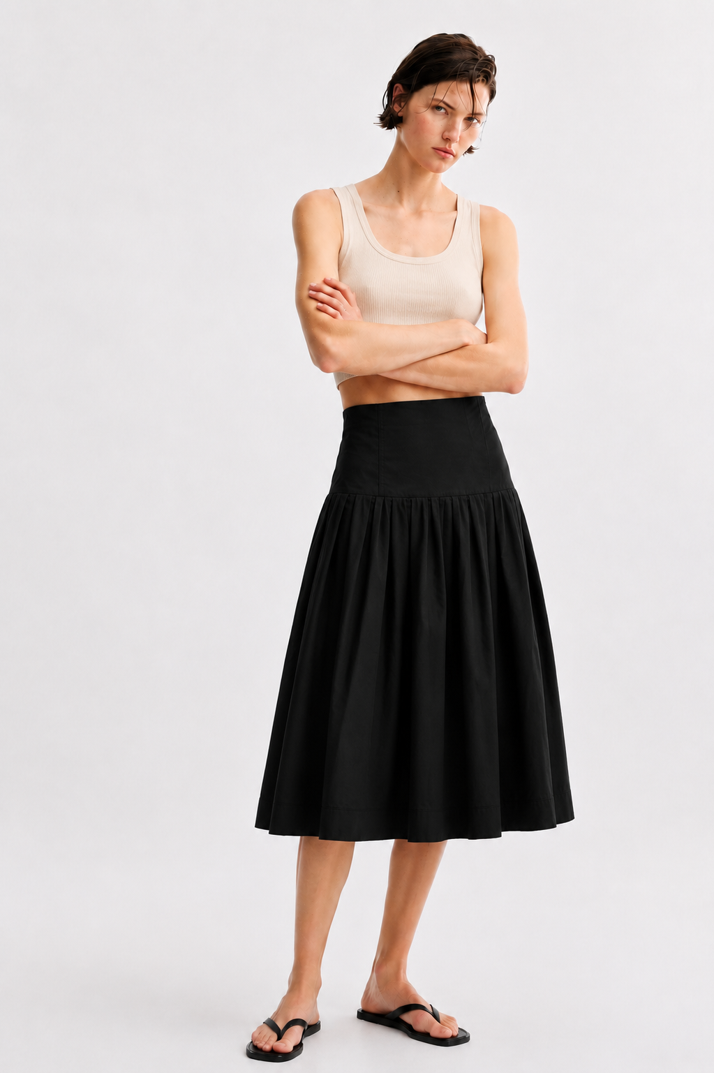Midnight Poplin Pleated Midi Skirt