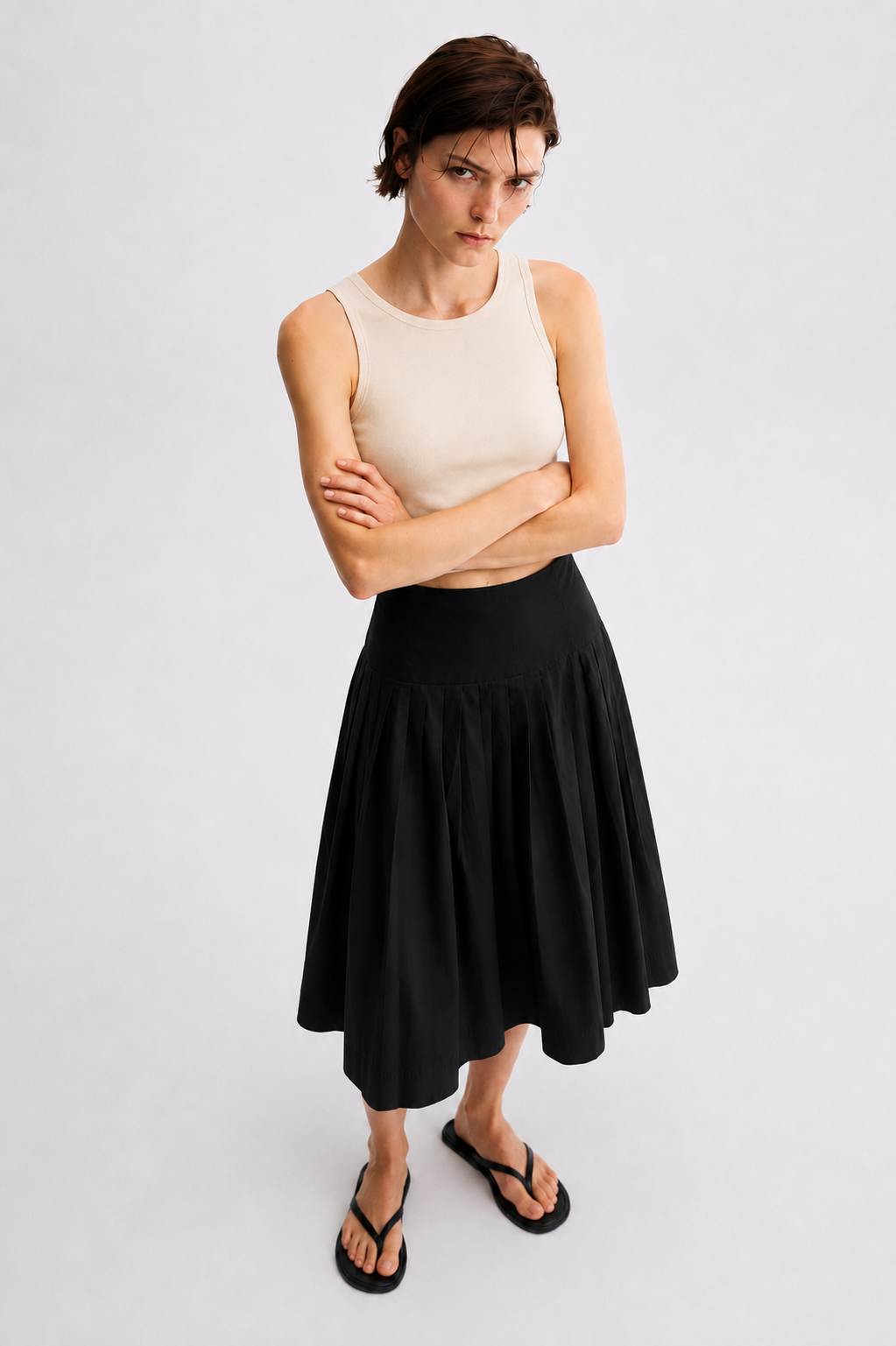 Midnight Poplin Pleated Midi Skirt