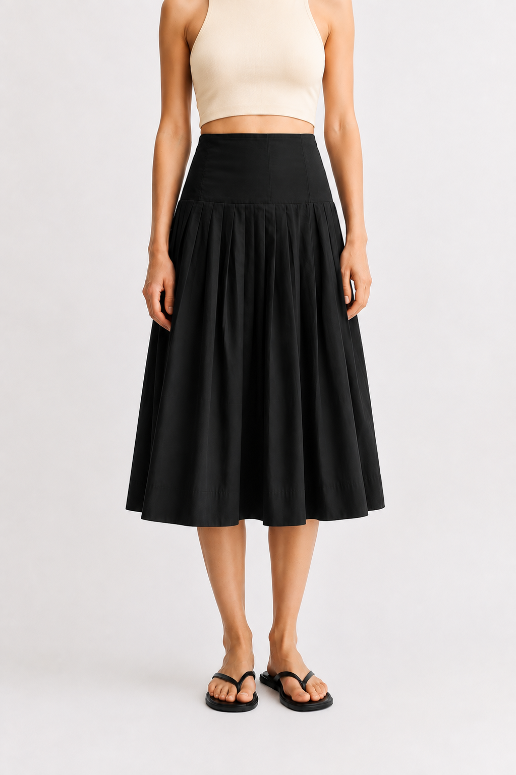 Midnight Poplin Pleated Midi Skirt