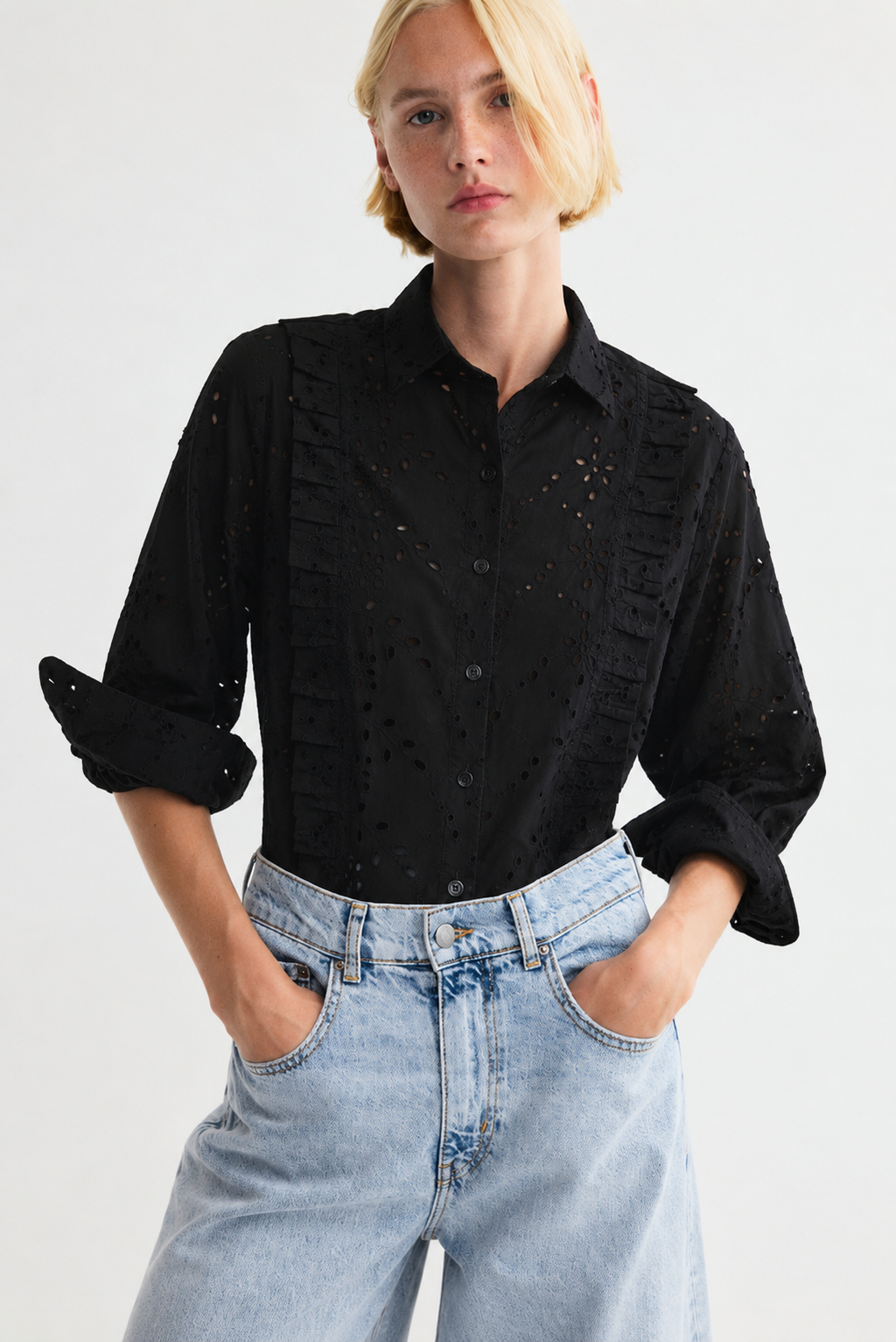 Black Schiffli Embroidered Cotton Shirt