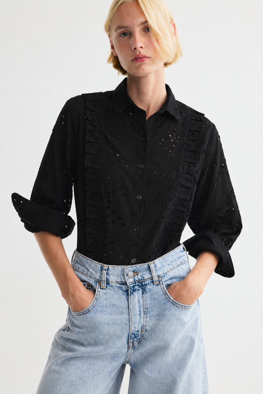 Black Schiffli Embroidered Cotton Shirt