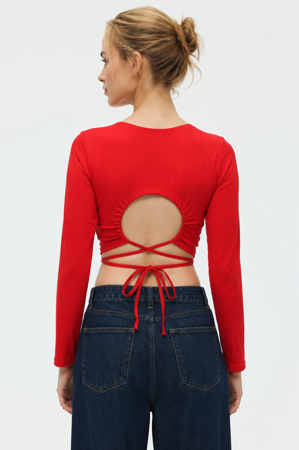 Women's Solid Open Back Tie-Up Crop Top – Red
