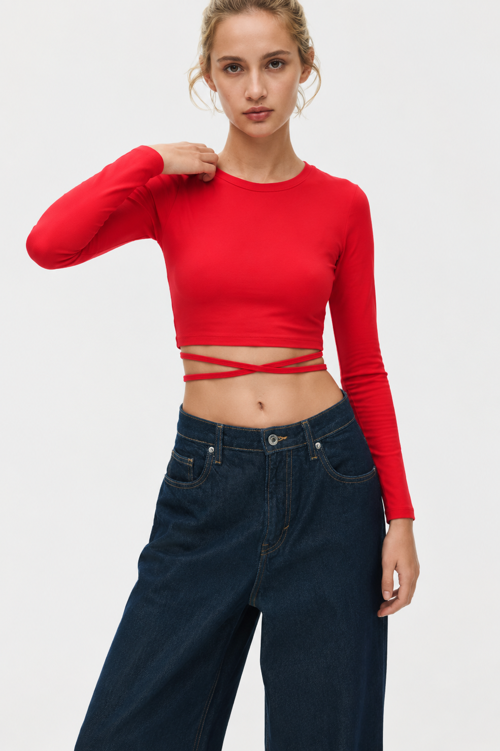Women's Solid Open Back Tie-Up Crop Top – Red