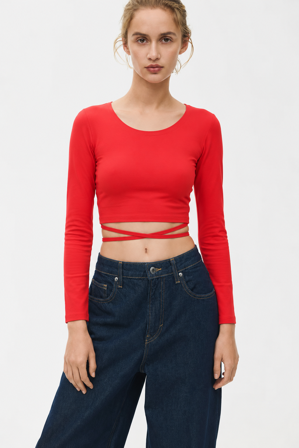 Women's Solid Open Back Tie-Up Crop Top – Red